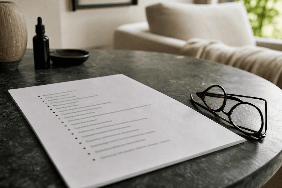 A printed treatment list on a table beside a pair of reading glasses