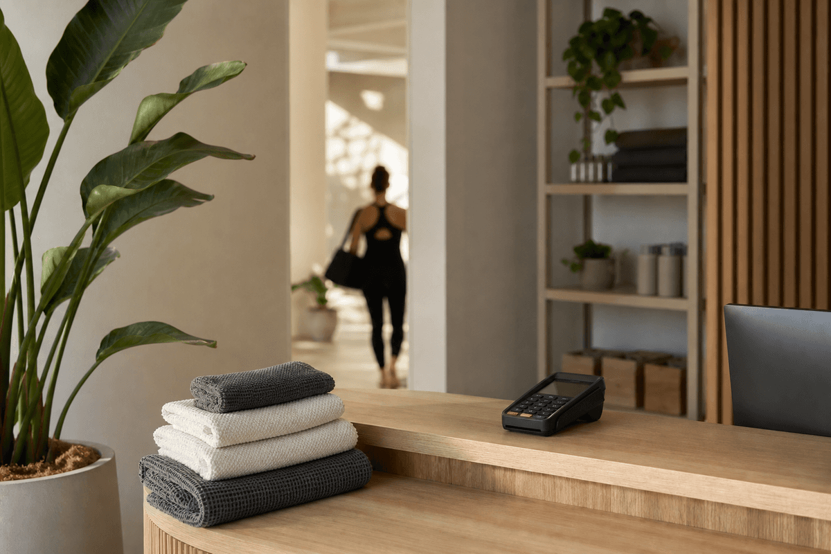 A studio reception desk with a card reader, a plant and folded towels