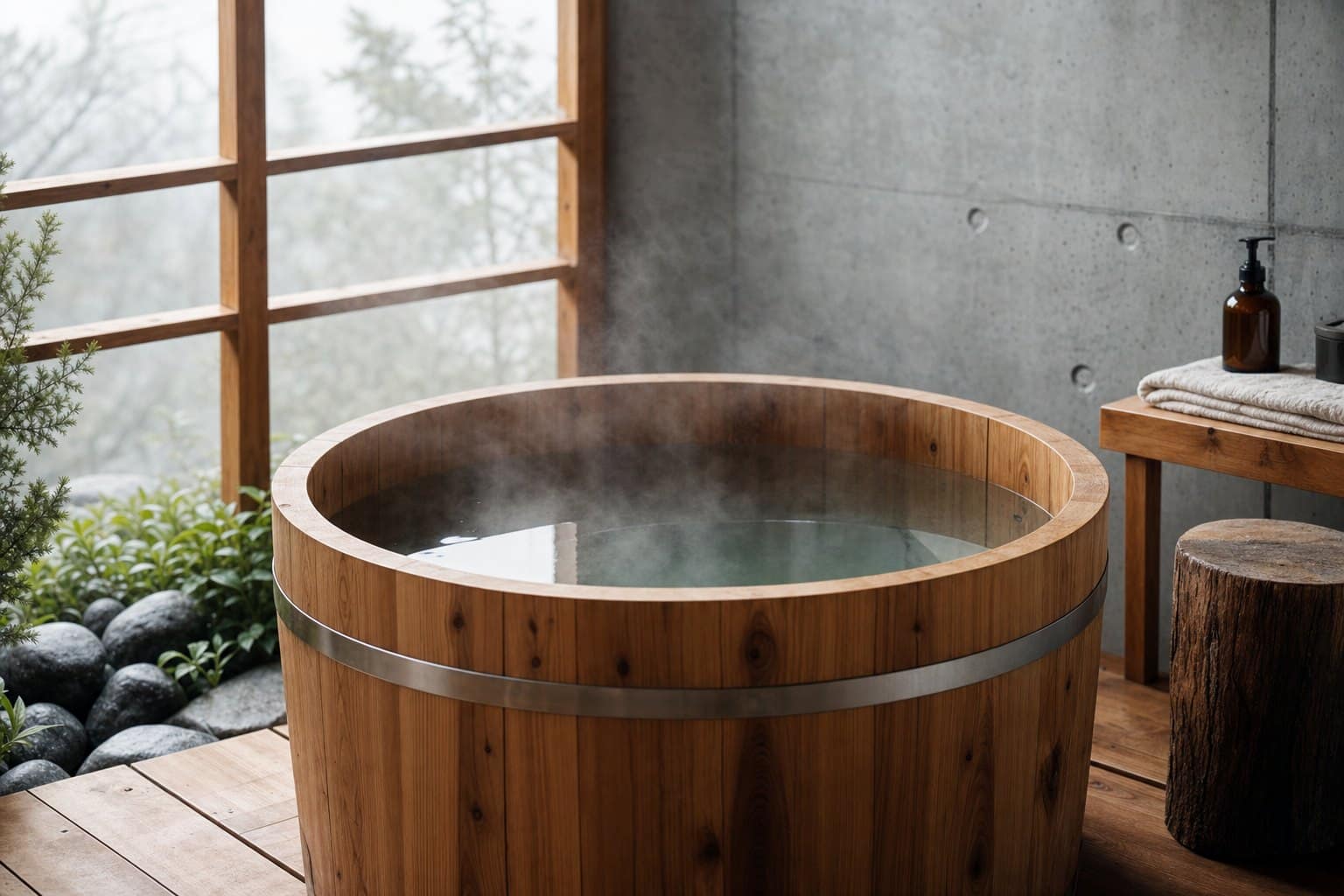 A wooden cold plunge tub with cold, clear water in a calm setting
