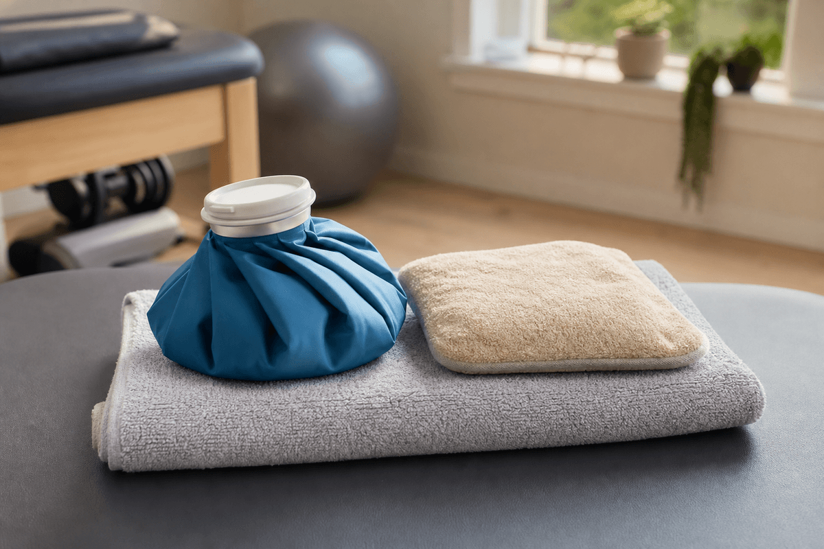 An ice pack and a warm compress resting side by side on a folded towel in soft daylight