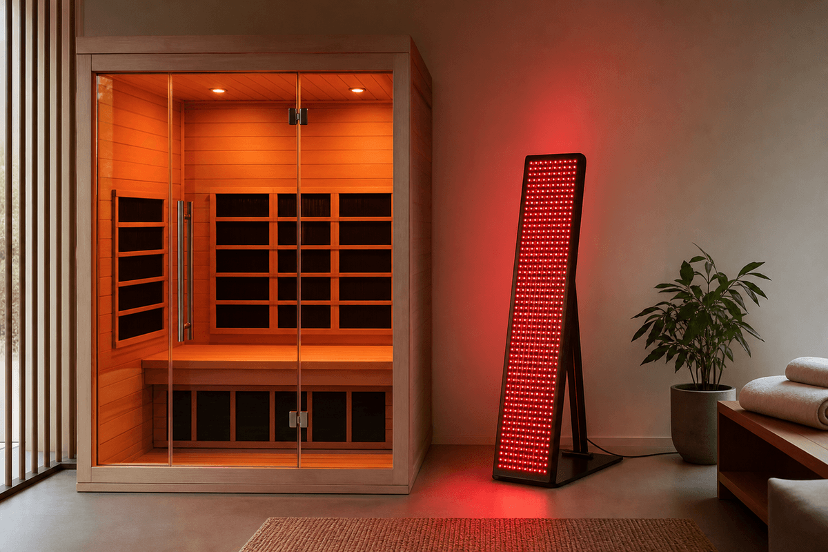 An infrared sauna cabin beside a red light therapy panel glowing warmly in a studio
