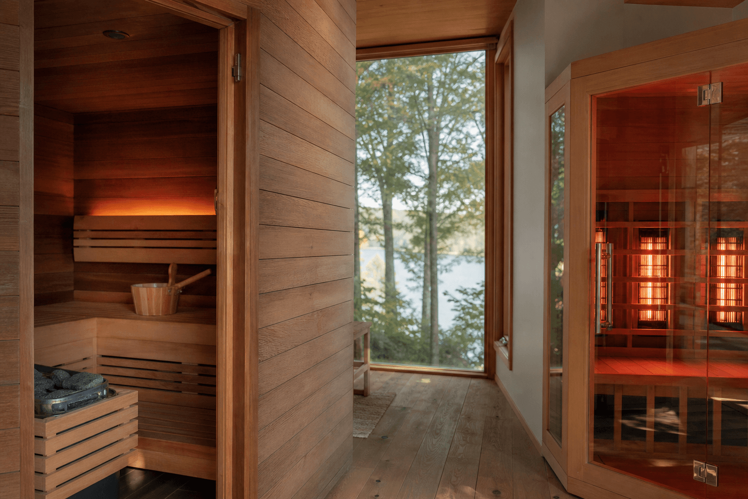 A warm cedar traditional sauna beside a softly glowing infrared cabin in calm natural light