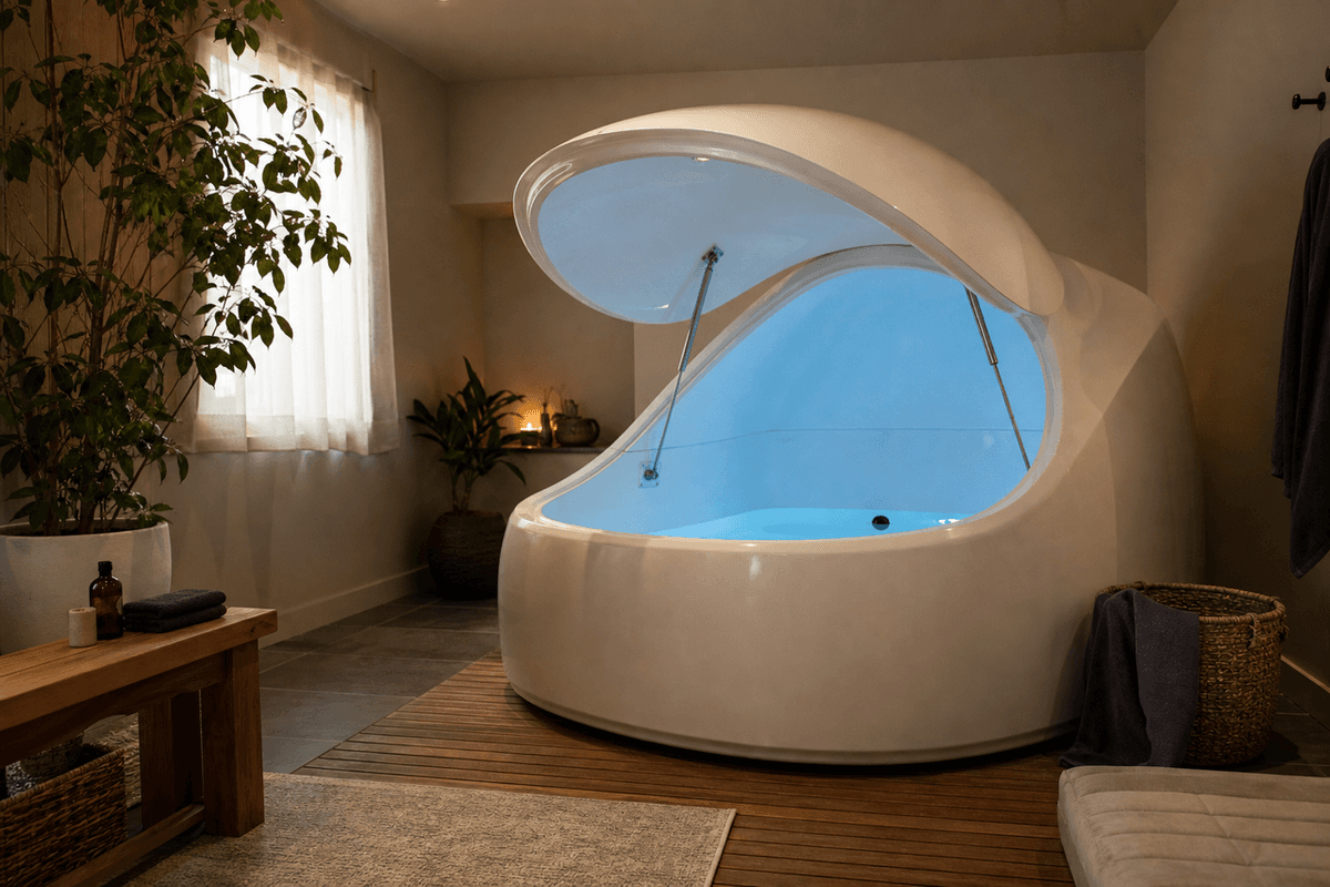 A quiet converted room with a large enclosed float tank and soft indirect lighting