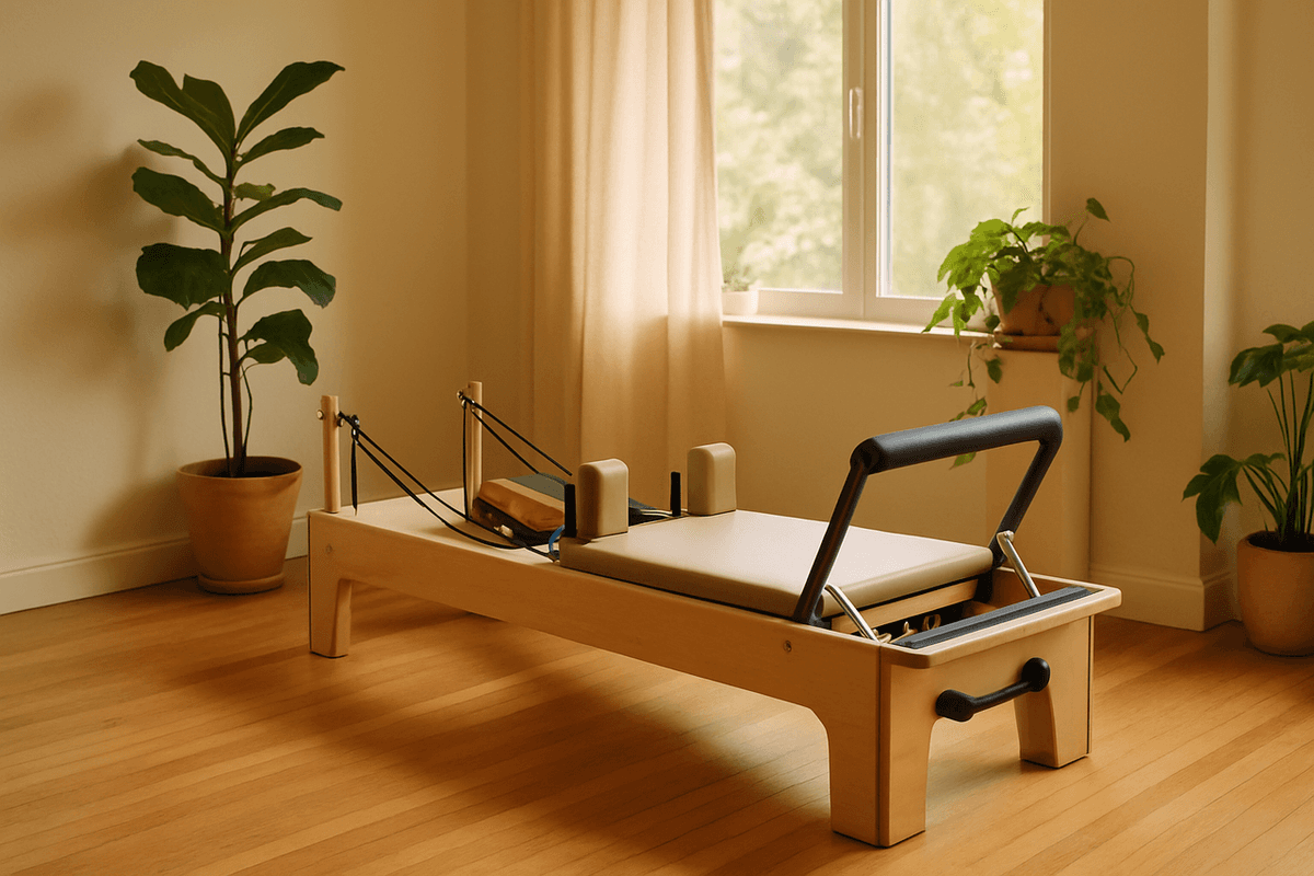A reformer machine in a bright home studio corner by a large window