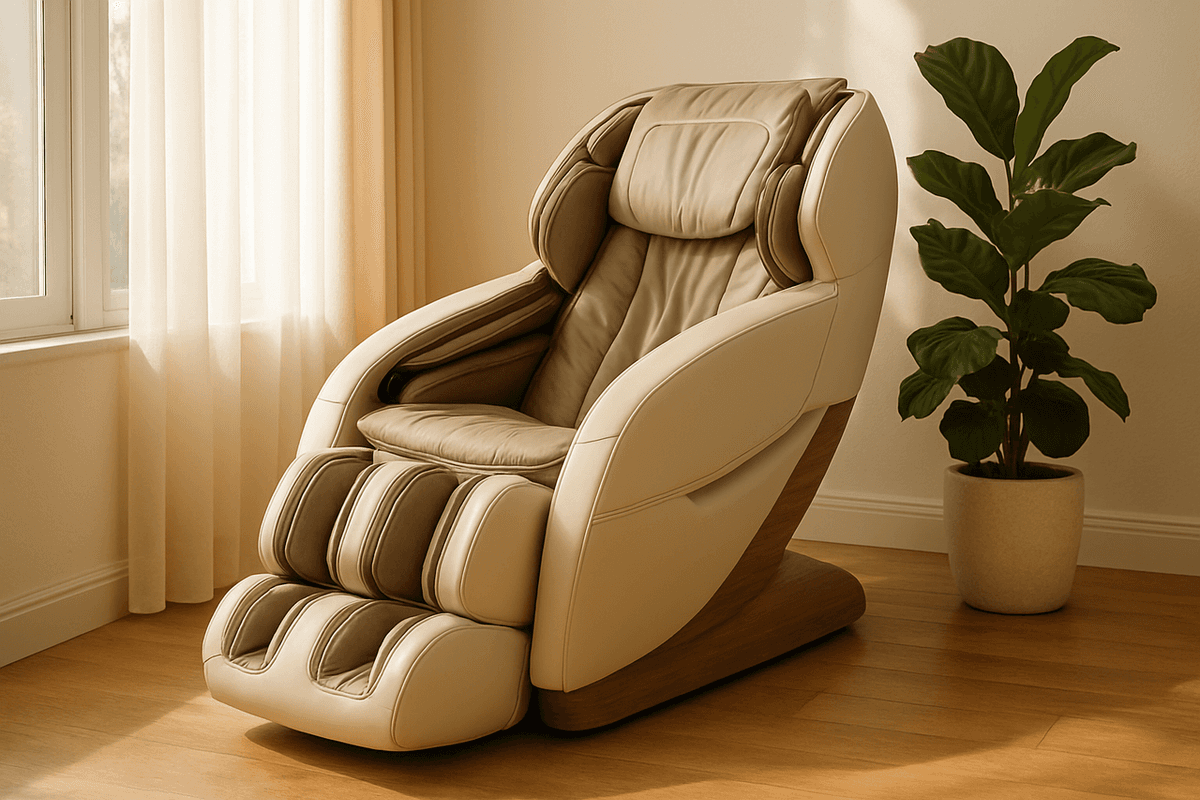 A massage chair in a bright living room corner beside a window and a plant