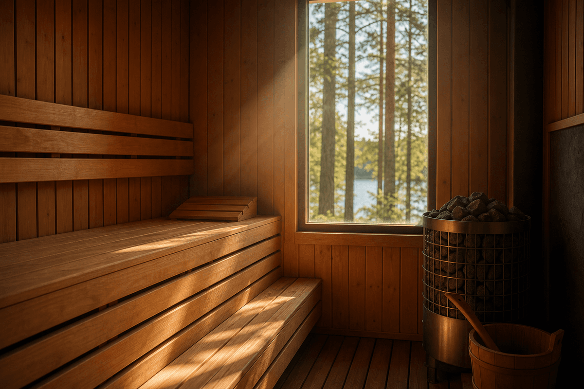Warm light falling across the wooden benches and stove of a traditional sauna, empty and calm