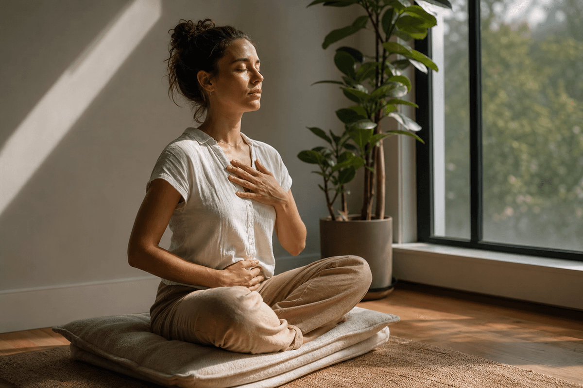 A person sitting calmly on a cushion by a window in soft morning light, eyes closed, mid-breath