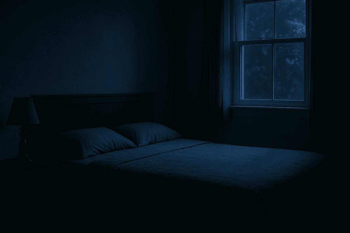 A dark, quiet bedroom at night with an empty, neatly made bed and a bedside table in low light