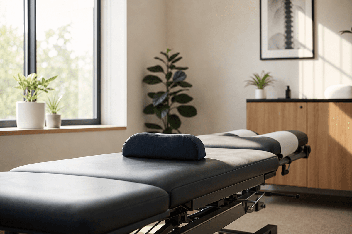 An empty treatment table in a clinic room with a neck support cushion and soft daylight