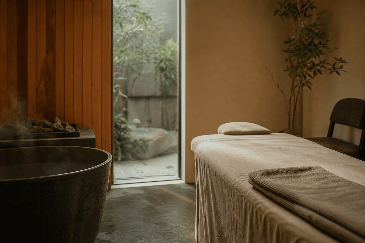 A calm, softly lit treatment room with a folded towel and a single chair, serene and quiet