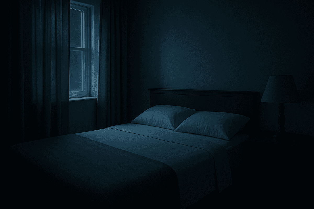 A quiet dim bedroom at night with an empty unmade bed and no people