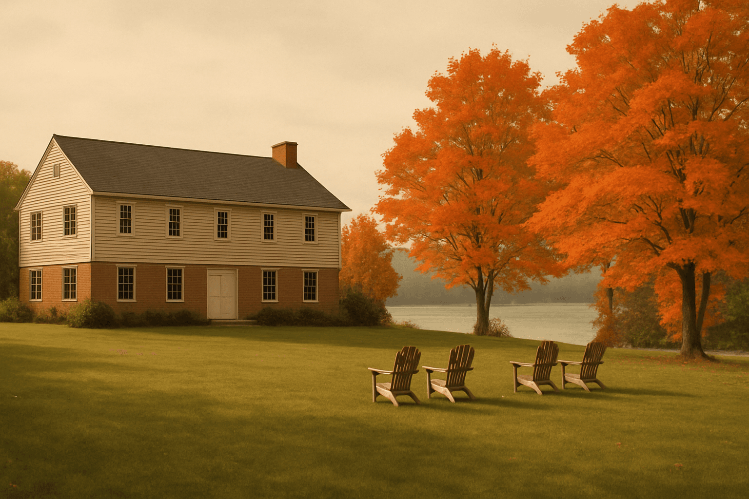 A plain New England retreat centre in early autumn with a wide lawn, maples turning and a lake edge