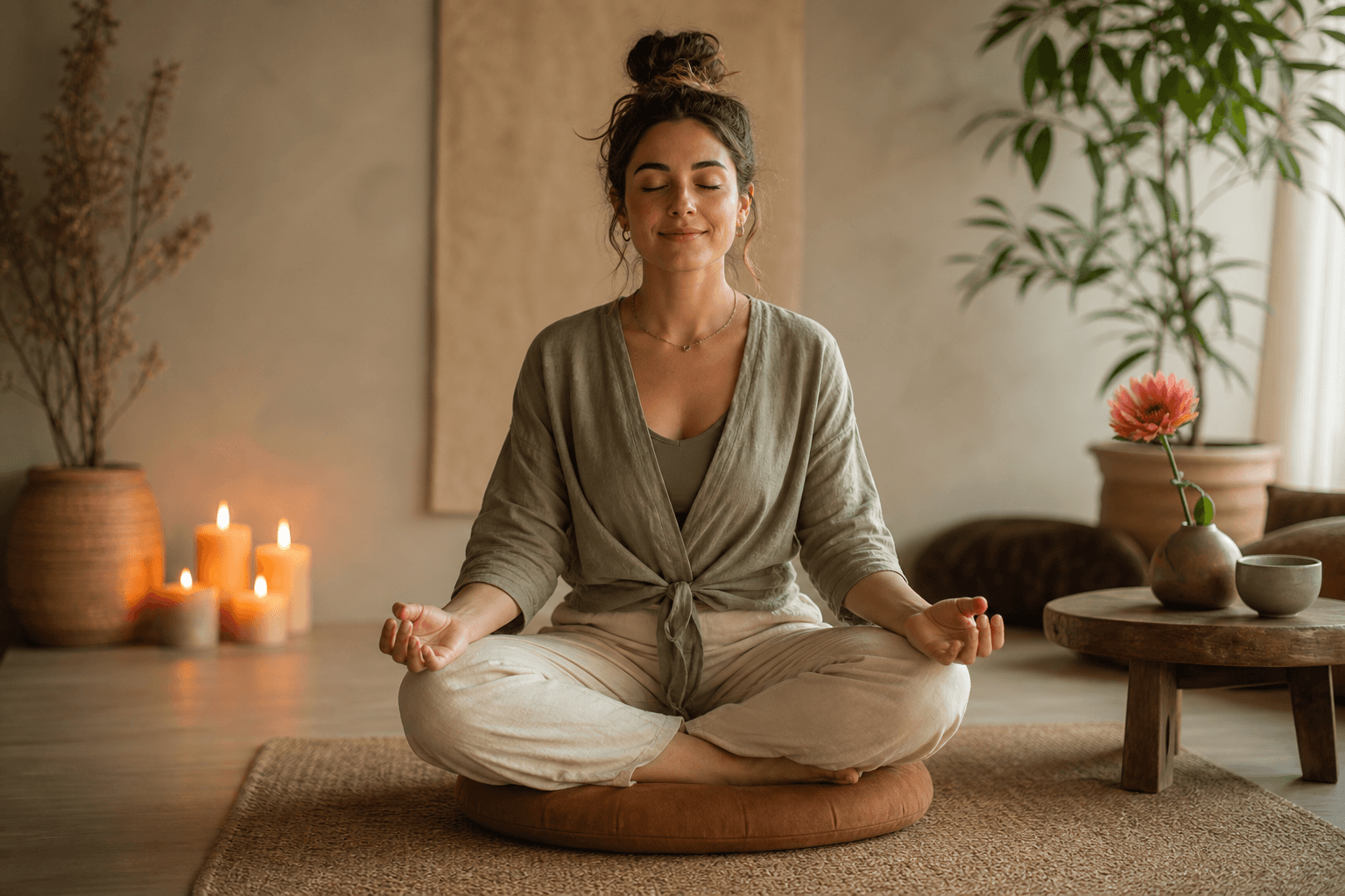 A person seated cross-legged on a meditation cushion in a soft-lit room, hands resting open on knees, a gentle expression on their face, warm candlelight nearby, a single flower in a small vase on a low table