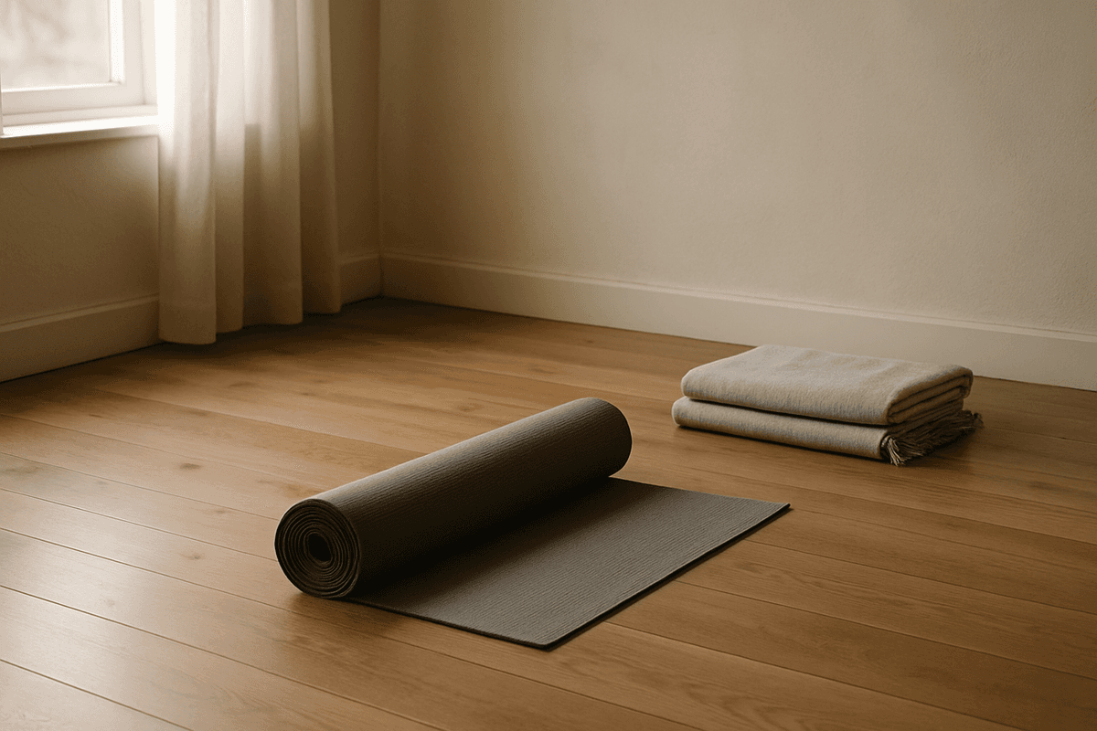 A quiet room with a yoga mat unrolled on the floor and a folded blanket beside it in daylight