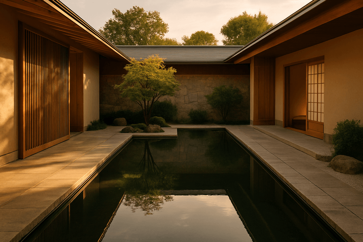 A serene high-end spa courtyard with a still reflecting pool at golden hour