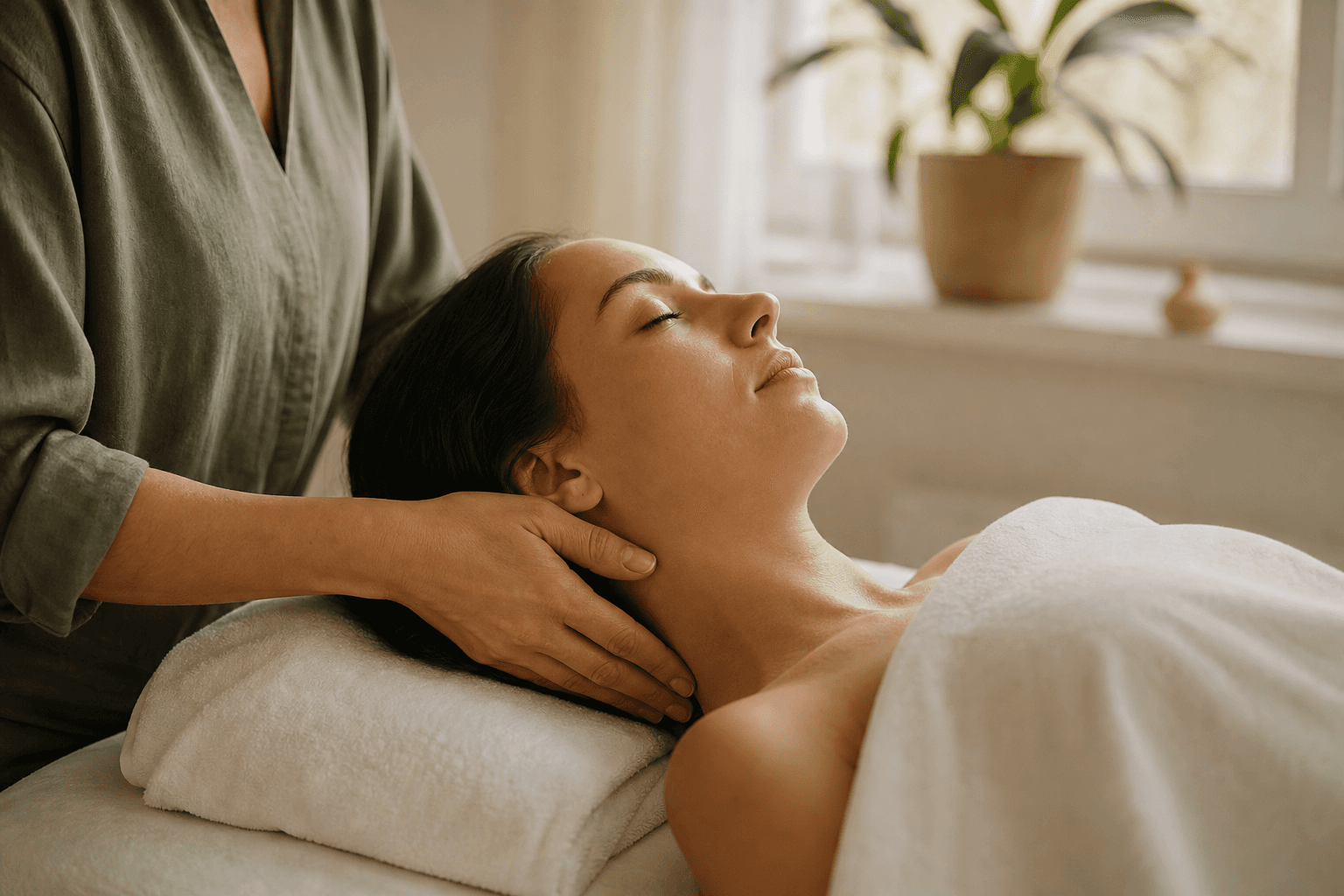 A therapist's hands performing slow, feather-light strokes along the side of a client's neck in a softly lit treatment room with white linens and a small potted plant on the windowsill