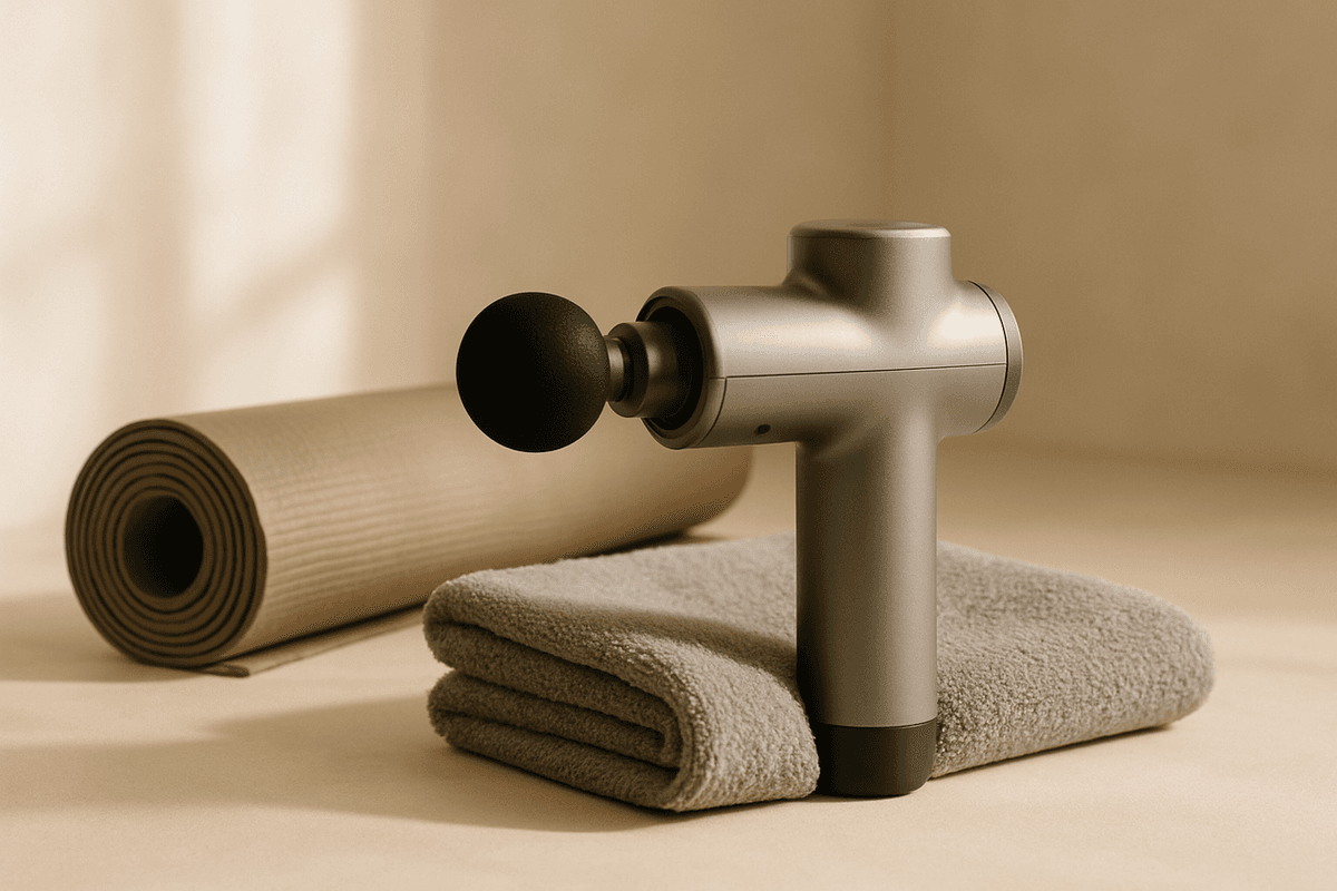 A percussion massage gun resting on a folded towel beside a yoga mat