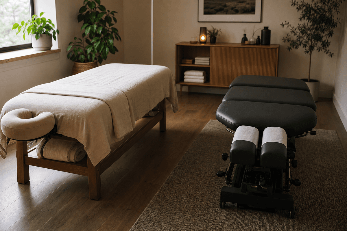 A calm treatment room with a massage table and an adjustment table side by side