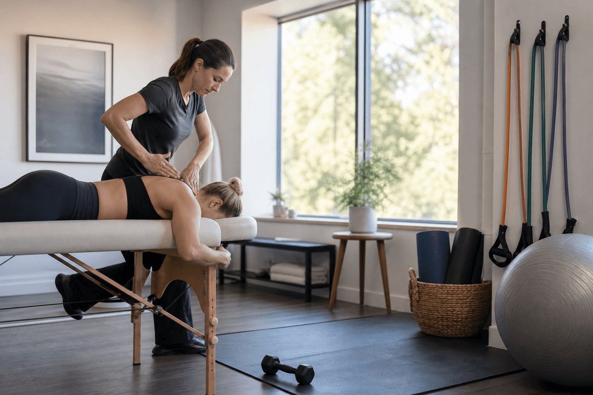 A clinic room with an exercise mat, resistance bands and a treatment table by a window