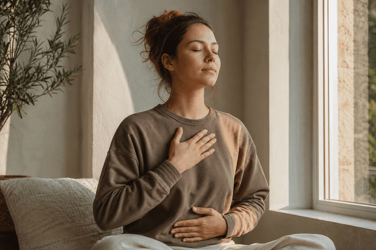 A person sitting calmly by a window in soft morning light with eyes closed