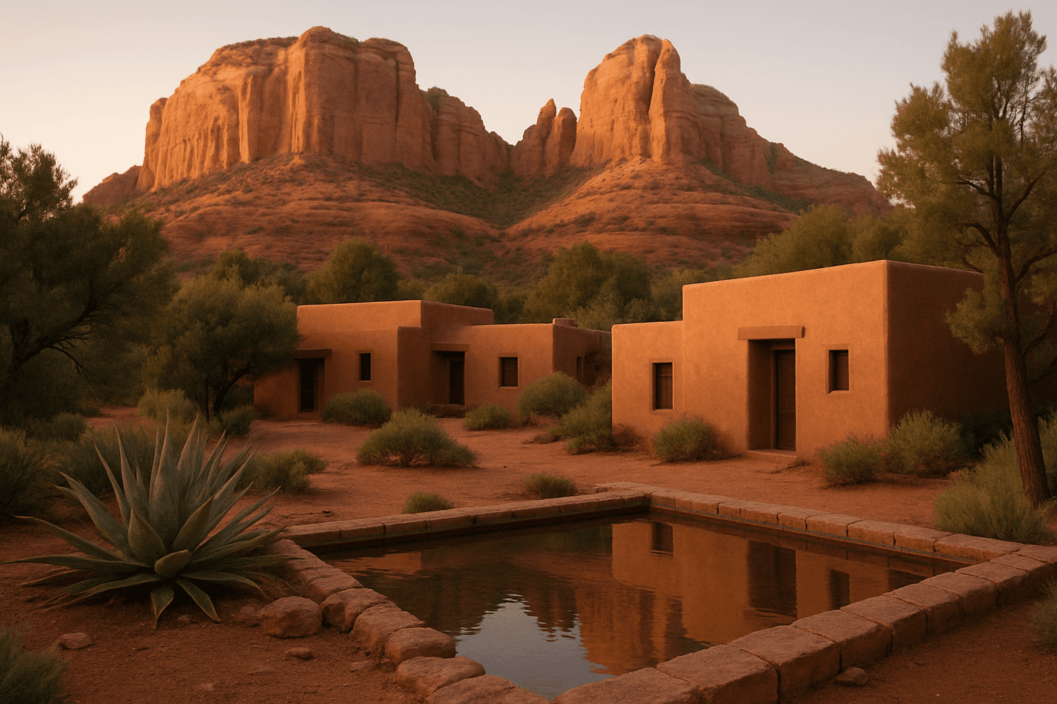 A low adobe retreat at dawn beneath Sedona red rock buttes with juniper and a shallow water feature