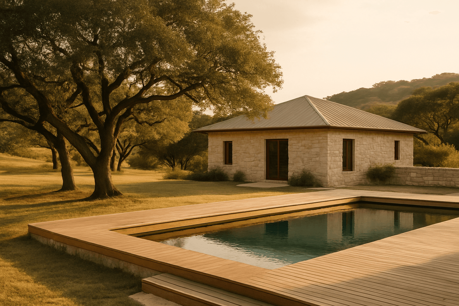 A Texas Hill Country wellness property with limestone walls, live oaks and a spring-fed pool
