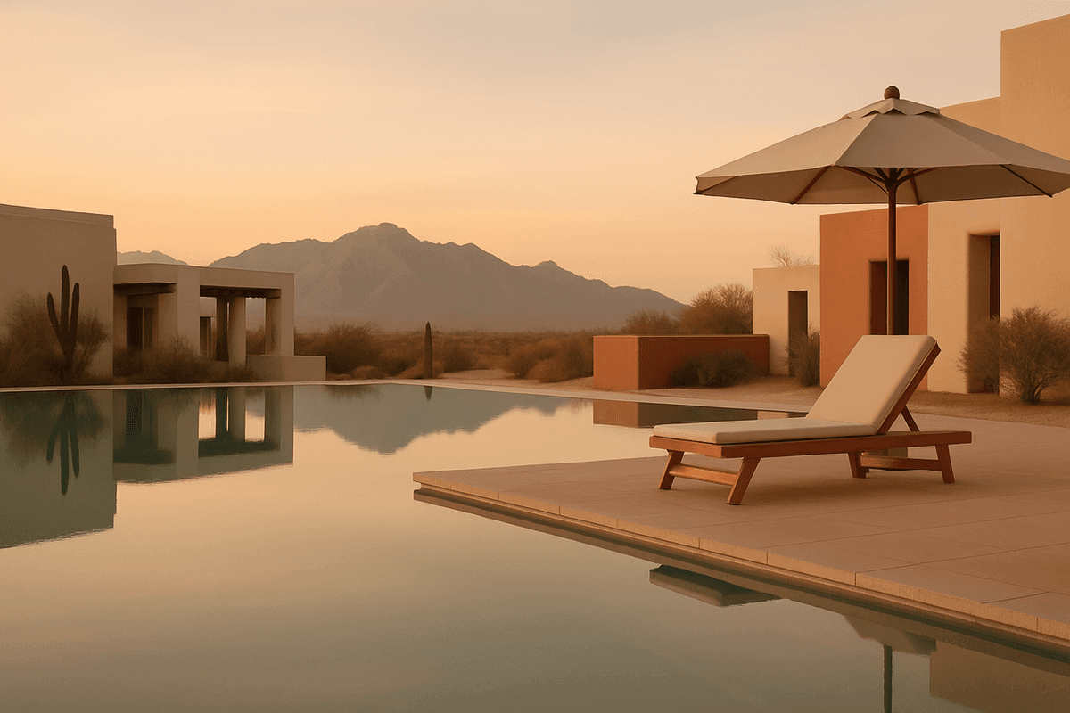 A quiet luxury resort pool deck at dusk with mountains behind and a single lounger
