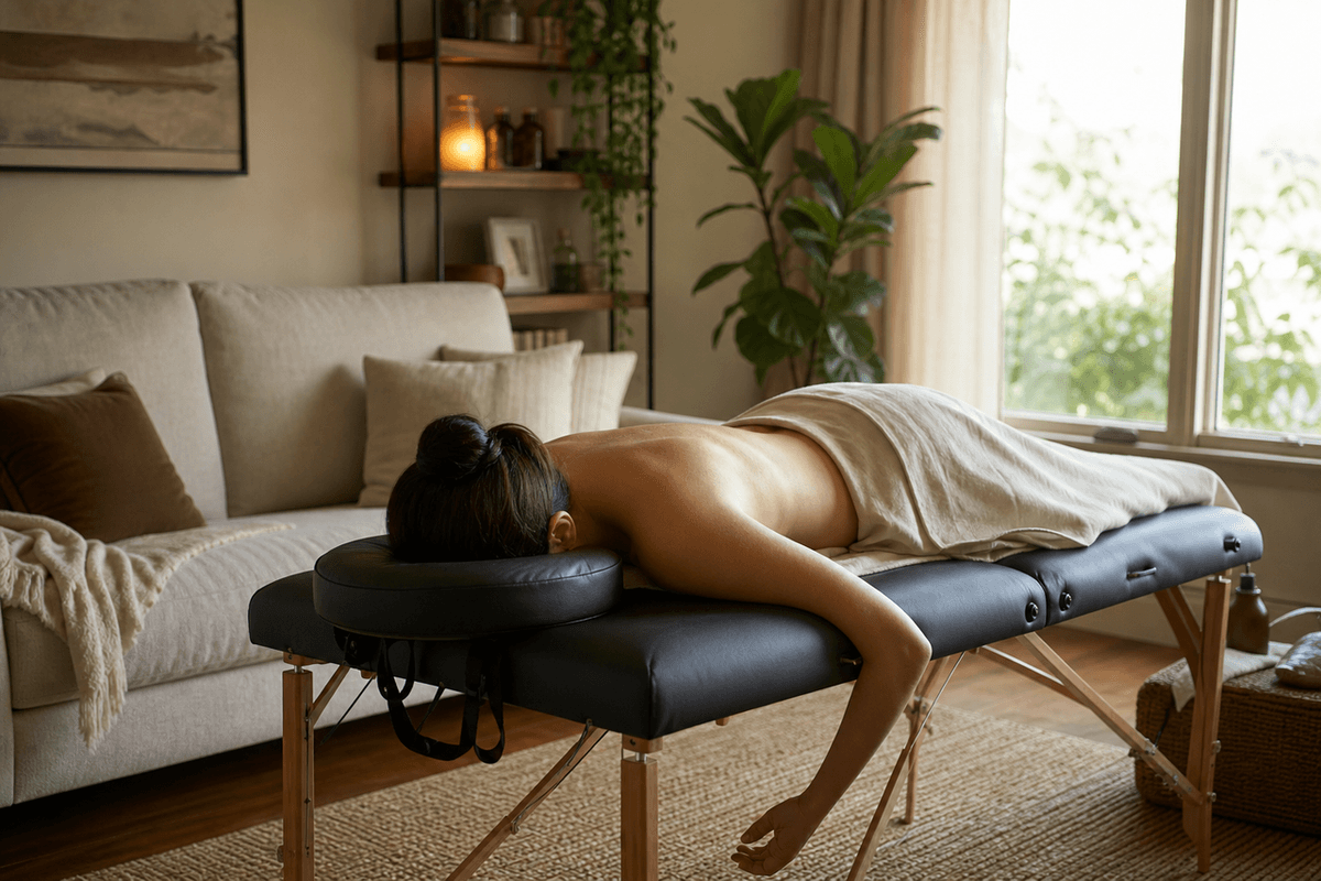 A portable massage table set up in a quiet living room beside a window