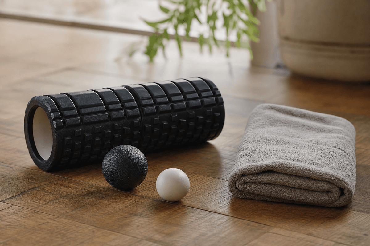A foam roller and massage balls resting on a warm wooden studio floor beside a folded towel, soft natural light