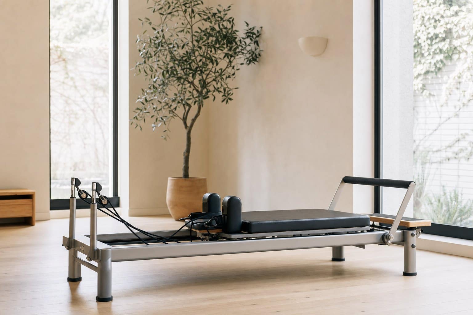 A Pilates reformer machine in a bright, minimalist studio
