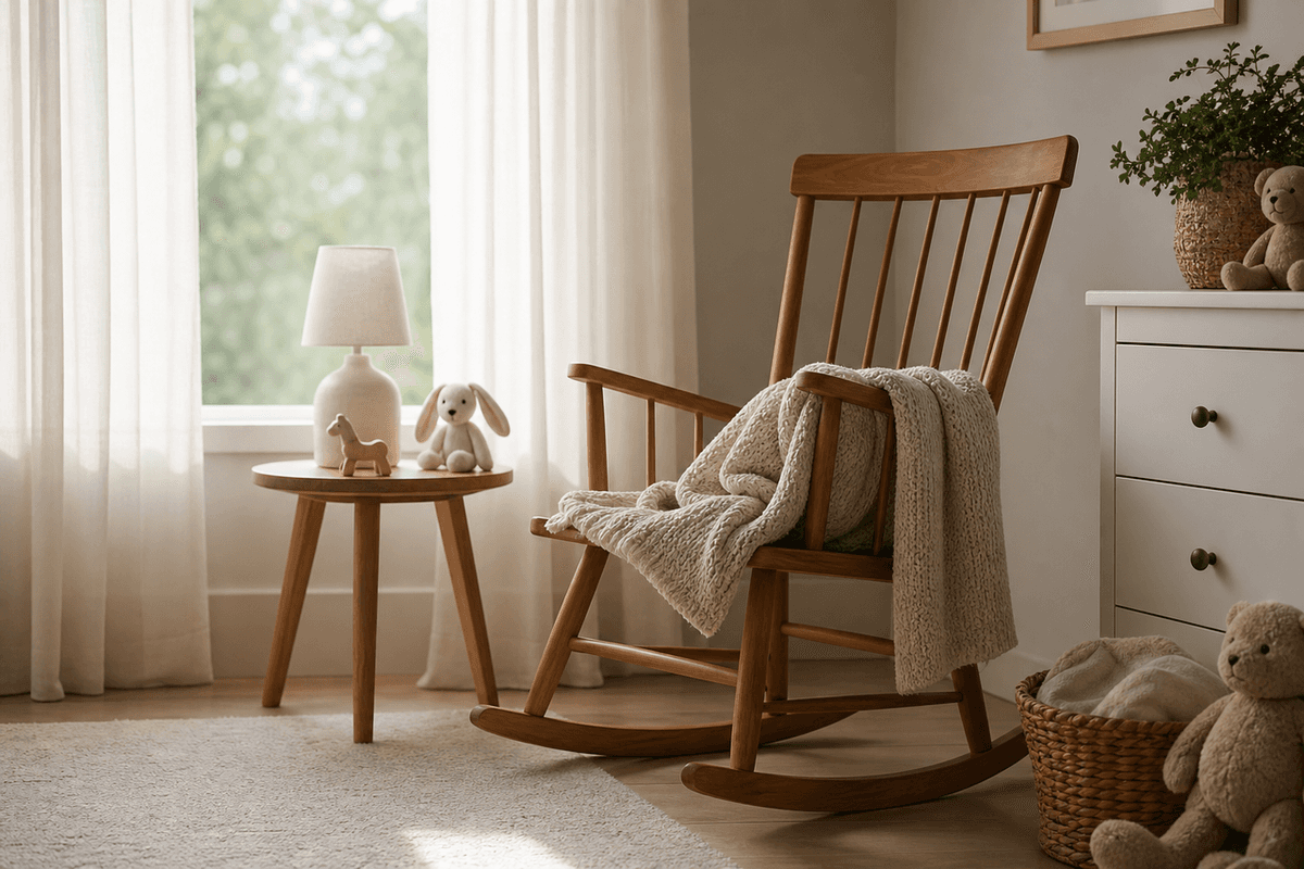 A quiet room with a folded blanket on a chair and soft morning light through a window