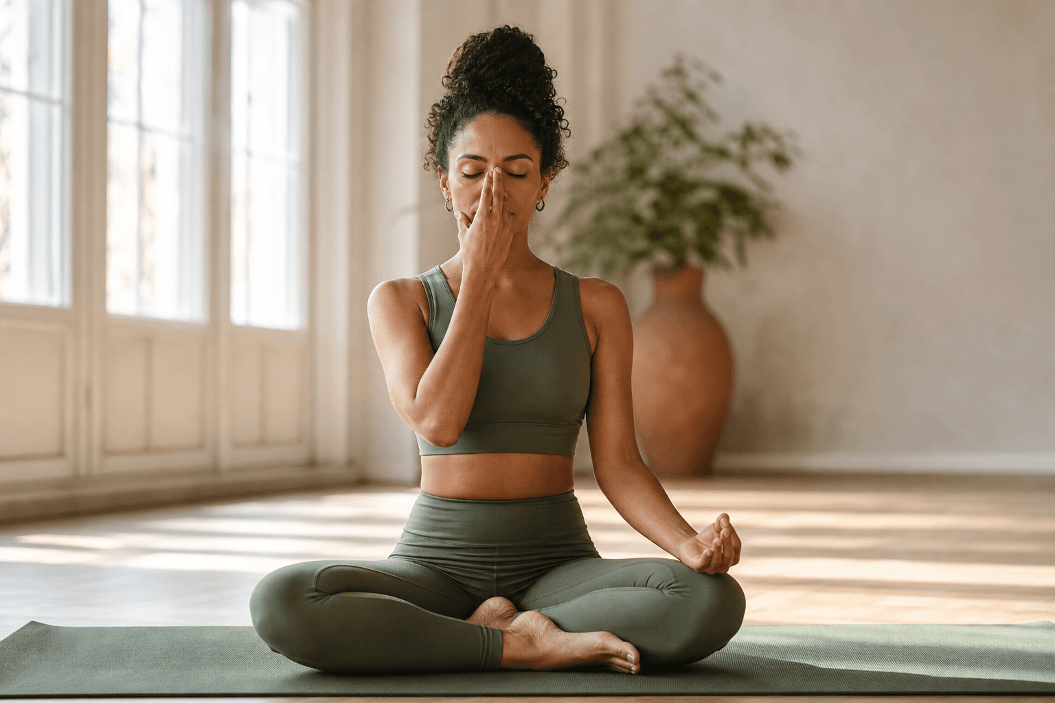 A person seated in a simple cross-legged position on a yoga mat in a bright airy studio, one hand raised in a mudra at the nose, eyes softly closed, morning light streaming through large windows