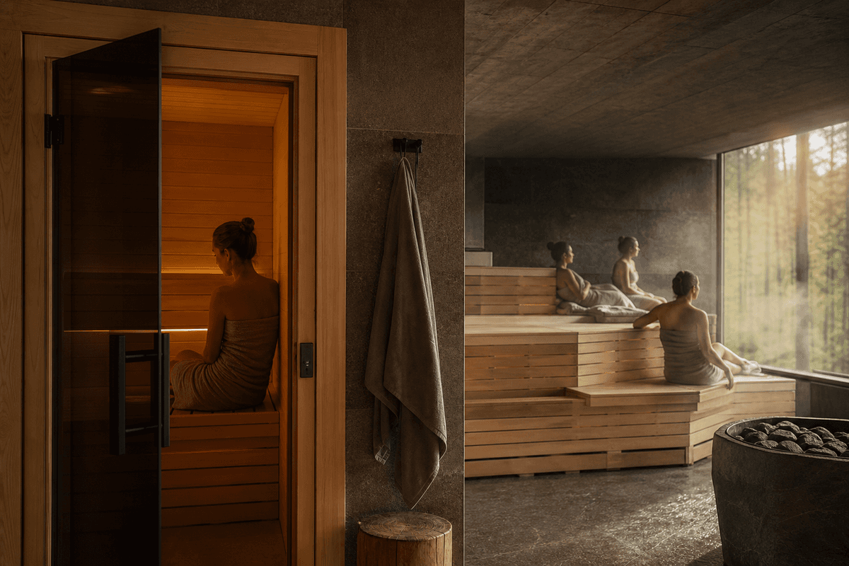 A small private sauna cabin door beside a larger communal bathhouse room with tiered benches