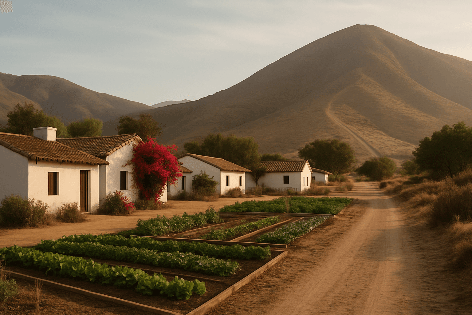 A ranch-style wellness campus in northern Baja at morning with an organic kitchen garden and a hiking track