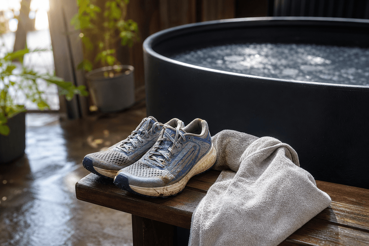 A pair of worn running shoes and a towel on a bench beside a cold plunge tub, morning light