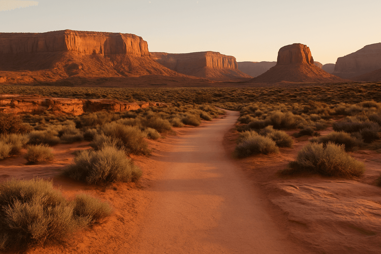 Empty southern Utah red rock mesas at first light with an unused graded hiking trail