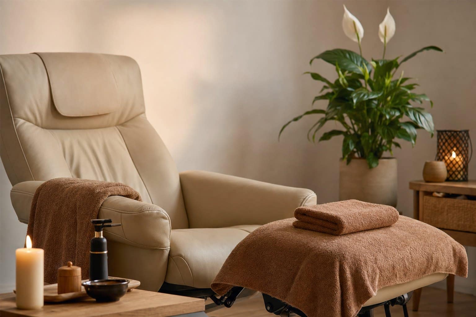 A calm reflexology treatment setting with a foot rest and warm light