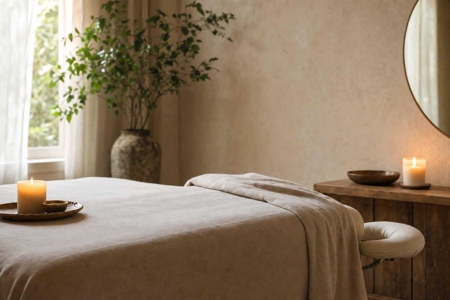 Calm hands resting near a person lying on a treatment table in a serene room
