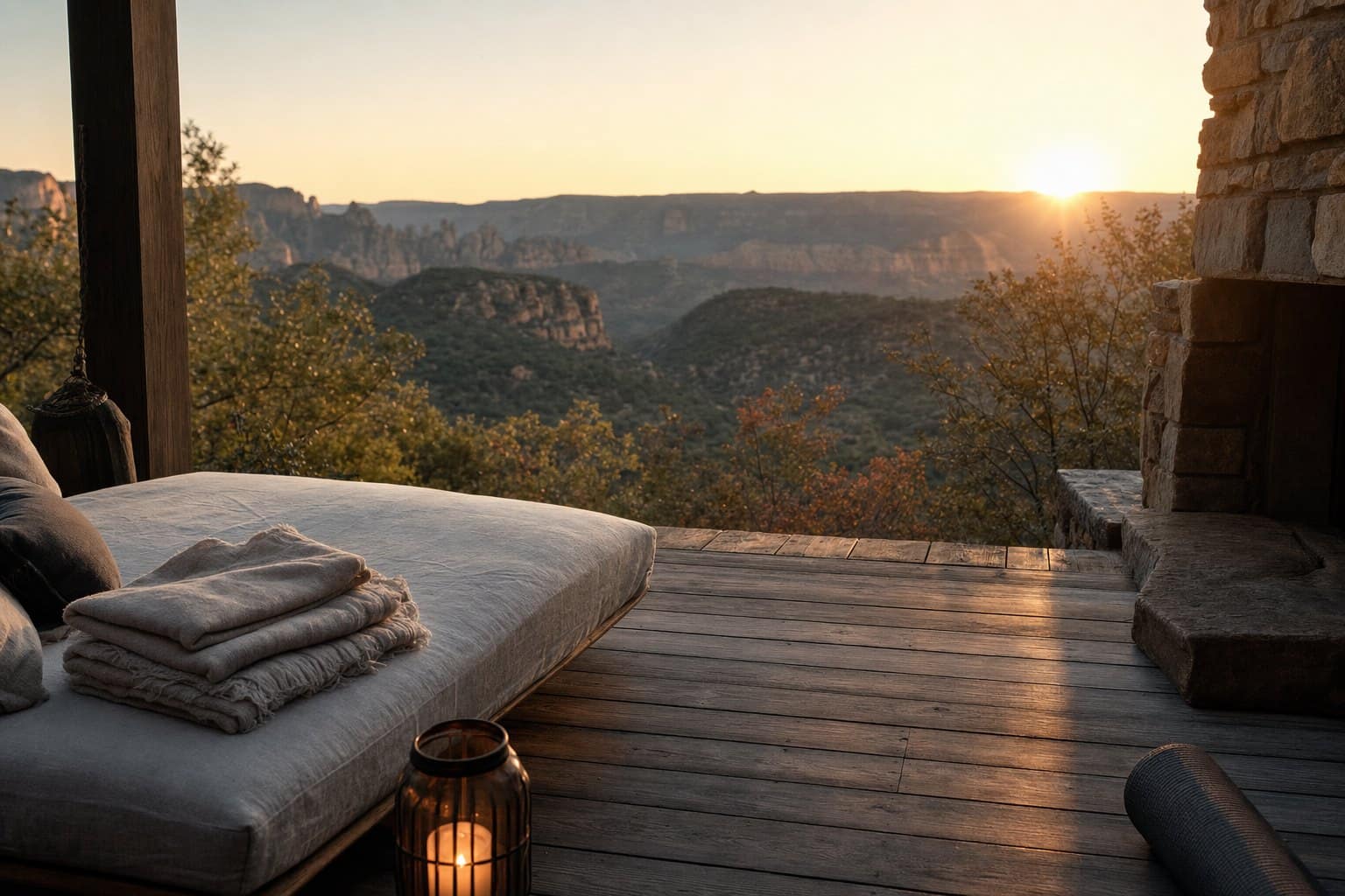 A quiet retreat terrace overlooking hills at golden hour