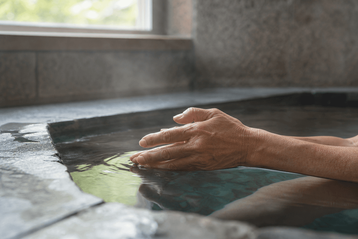 A pair of hands resting in the warm water of a stone bathhouse pool, steam rising, daylight from a high window
