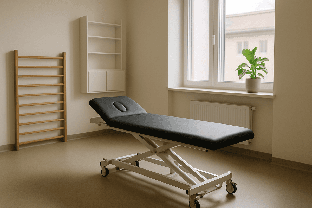An empty physiotherapy room with a treatment table and daylight through a window