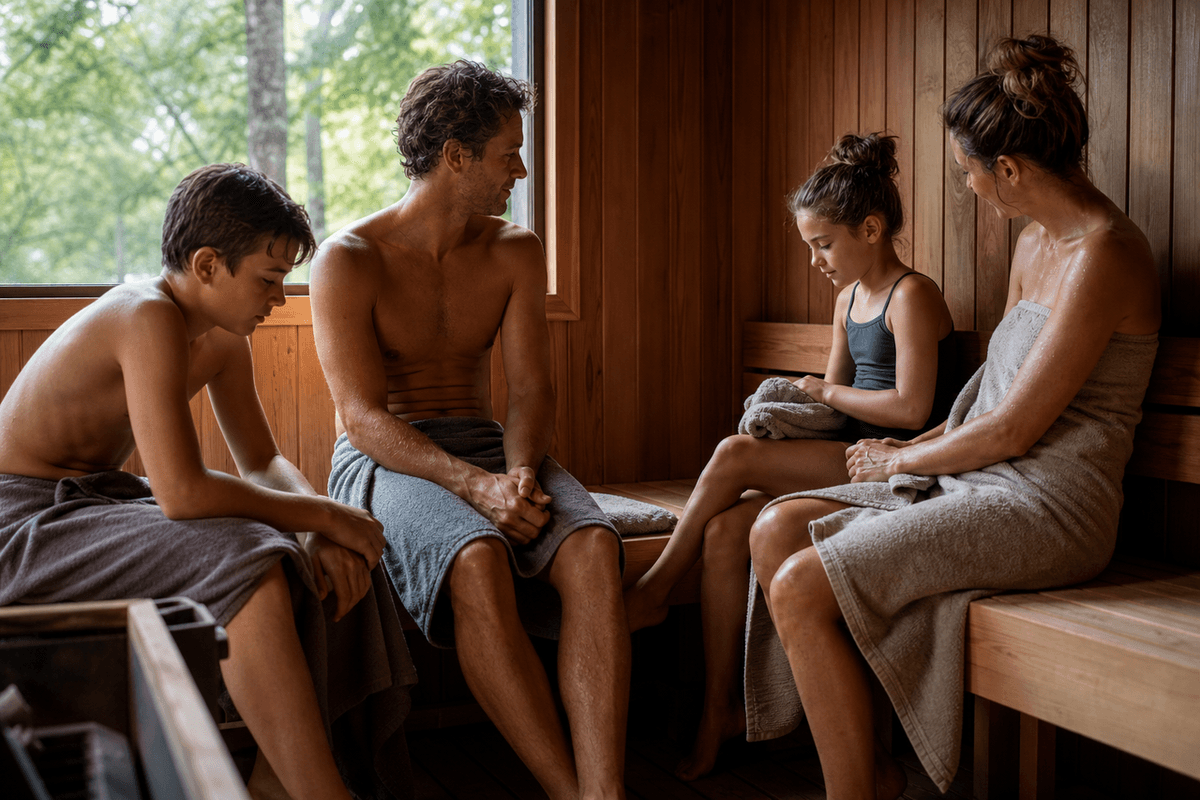 A family sauna with a low wooden bench, towels, and a window looking onto trees
