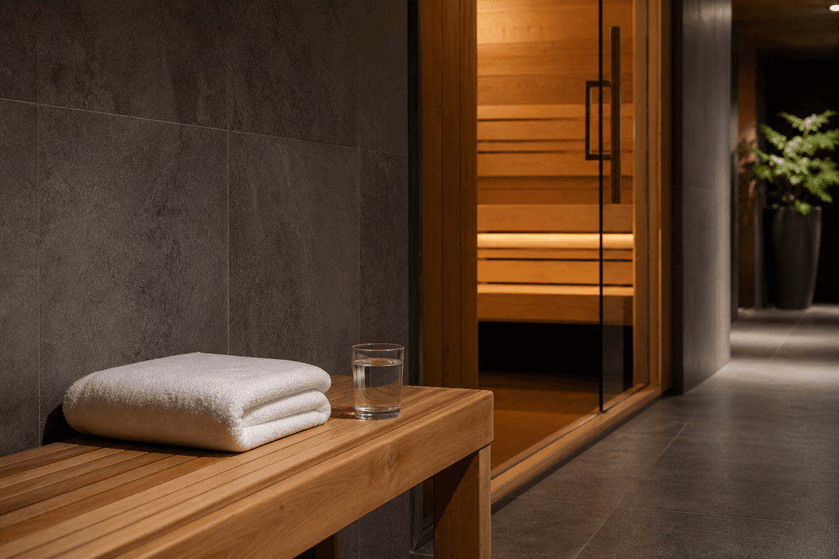 Illustration: a folded white towel and a glass of water on a cedar bench beside a softly lit sauna door