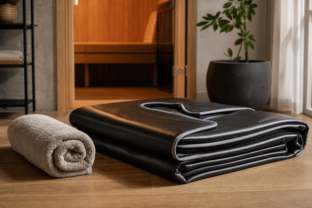 A folded infrared sauna blanket on a wooden floor beside a rolled towel in warm domestic light
