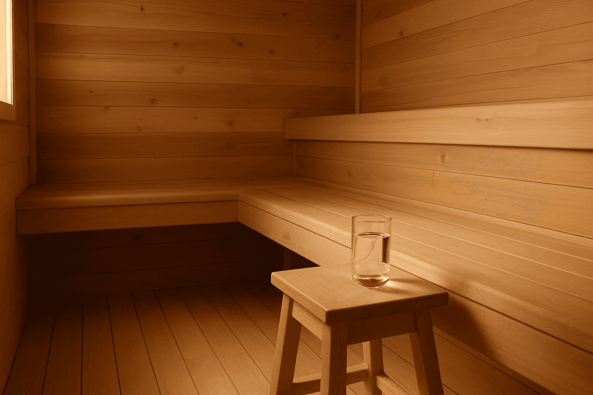 A quiet cedar sauna bench with a glass of water on a wooden stool in warm light