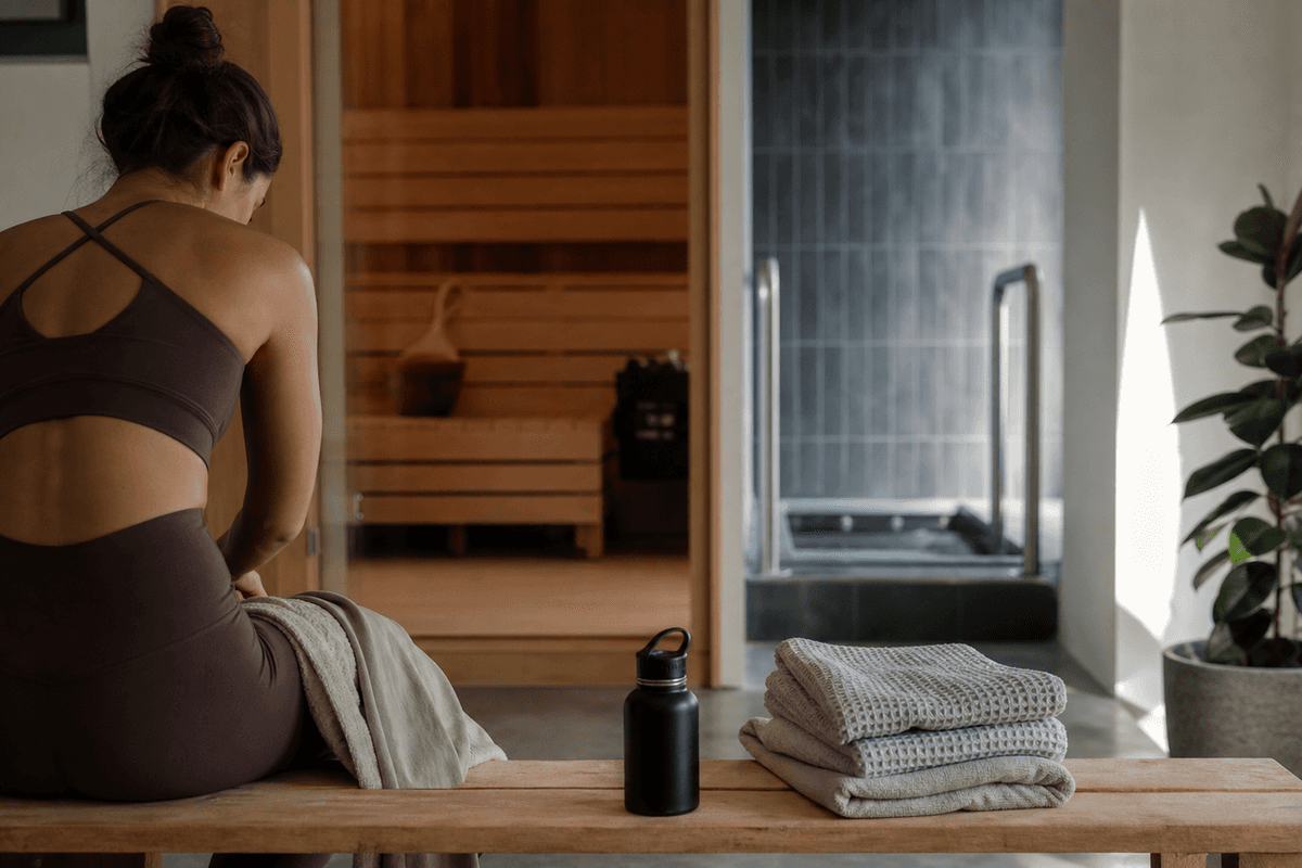 A quiet studio changing area with folded towels, a water bottle, and soft daylight