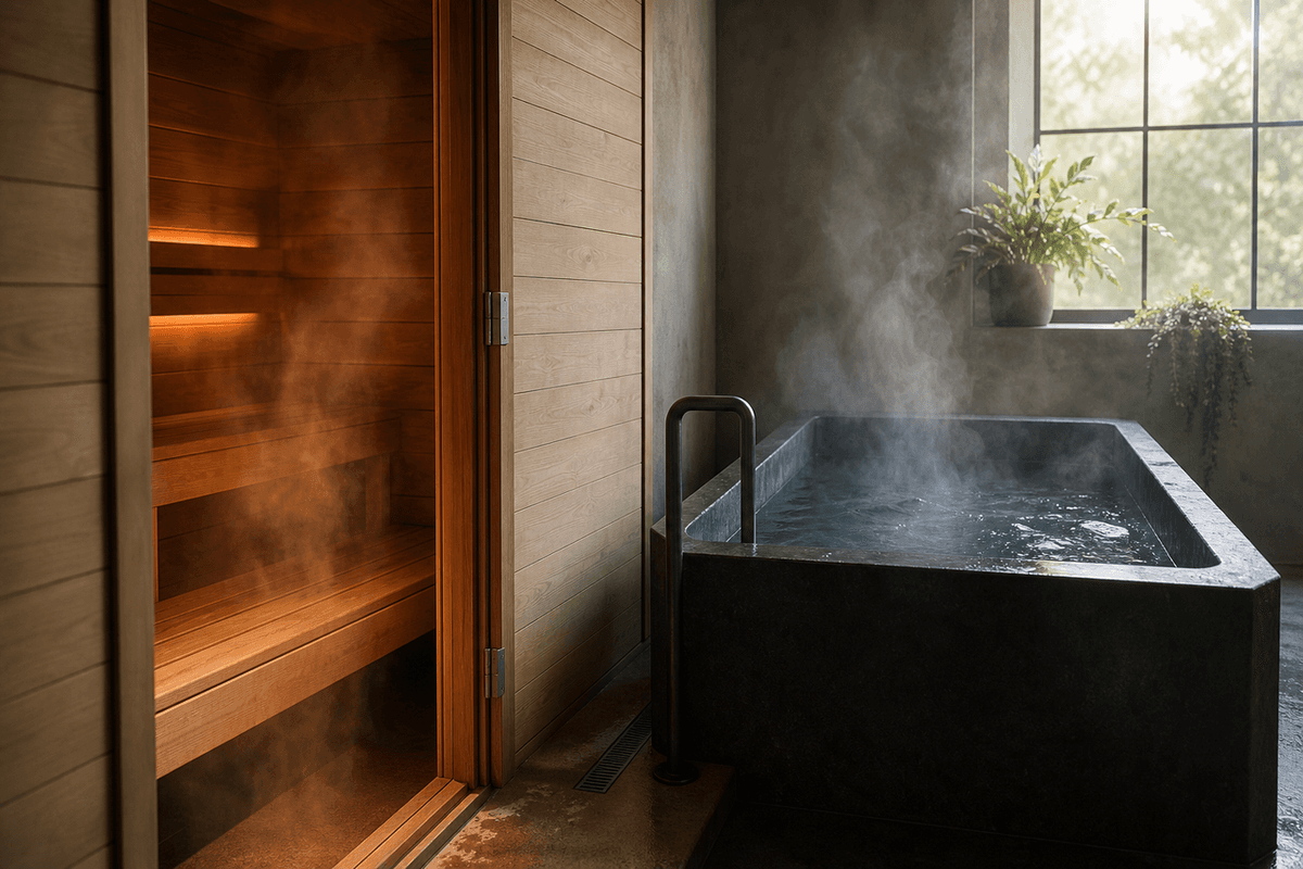 A sauna and a cold plunge tub side by side in a calm studio, steam rising, morning light