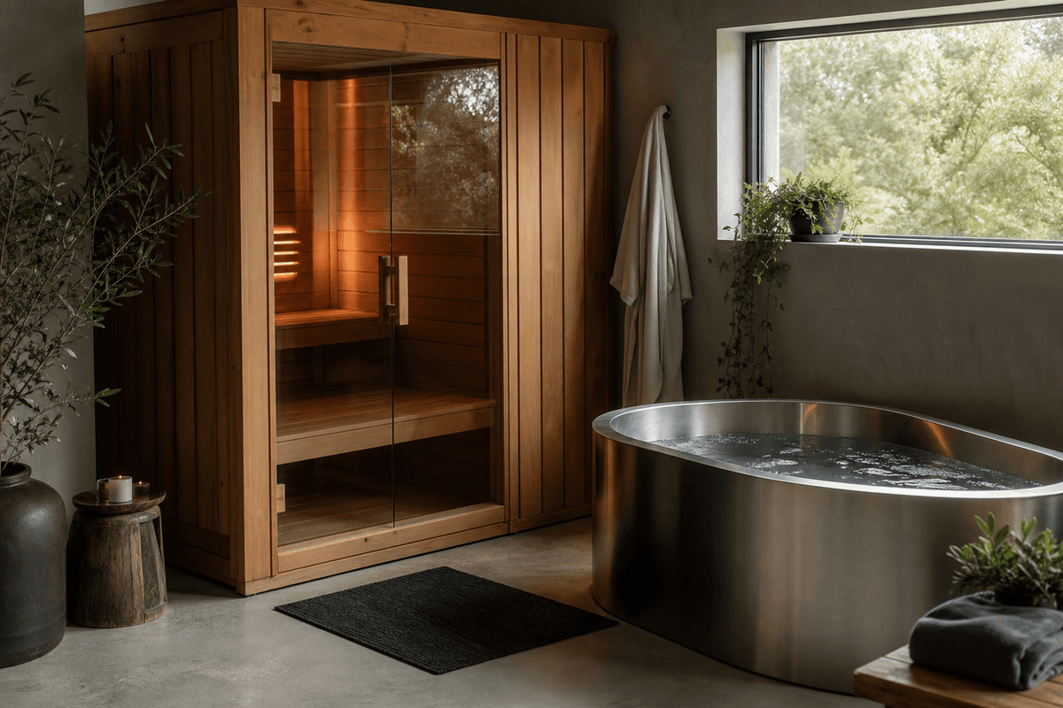 A wooden sauna cabin beside a stainless cold plunge tub in a calm studio, warm and cool tones side by side