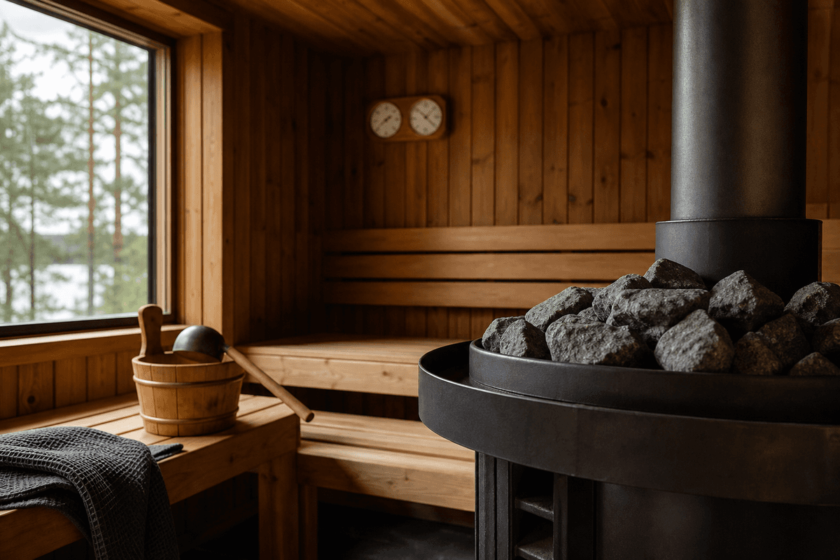 A wooden sauna interior with a stove, stones, ladle and a wall thermometer and hygrometer