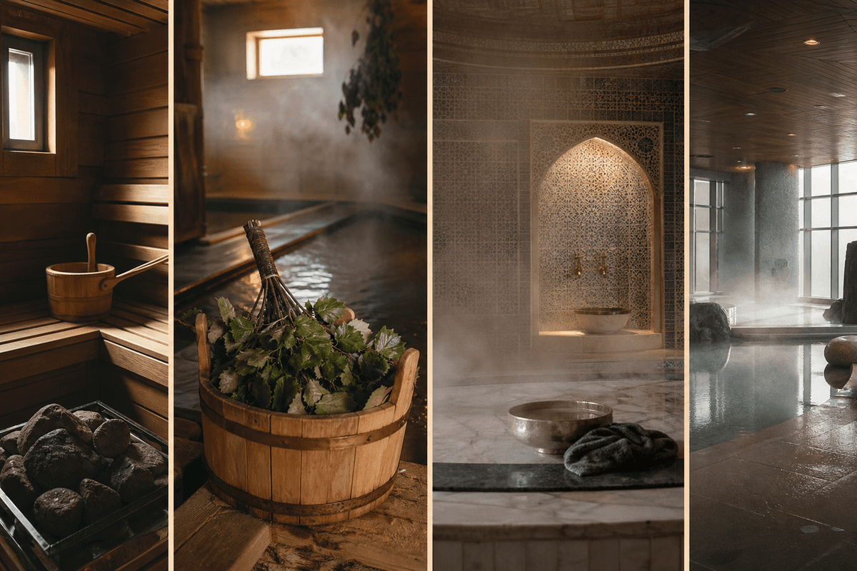 A collage-like calm interior of a tiled bathhouse with steam, wood, and warm light